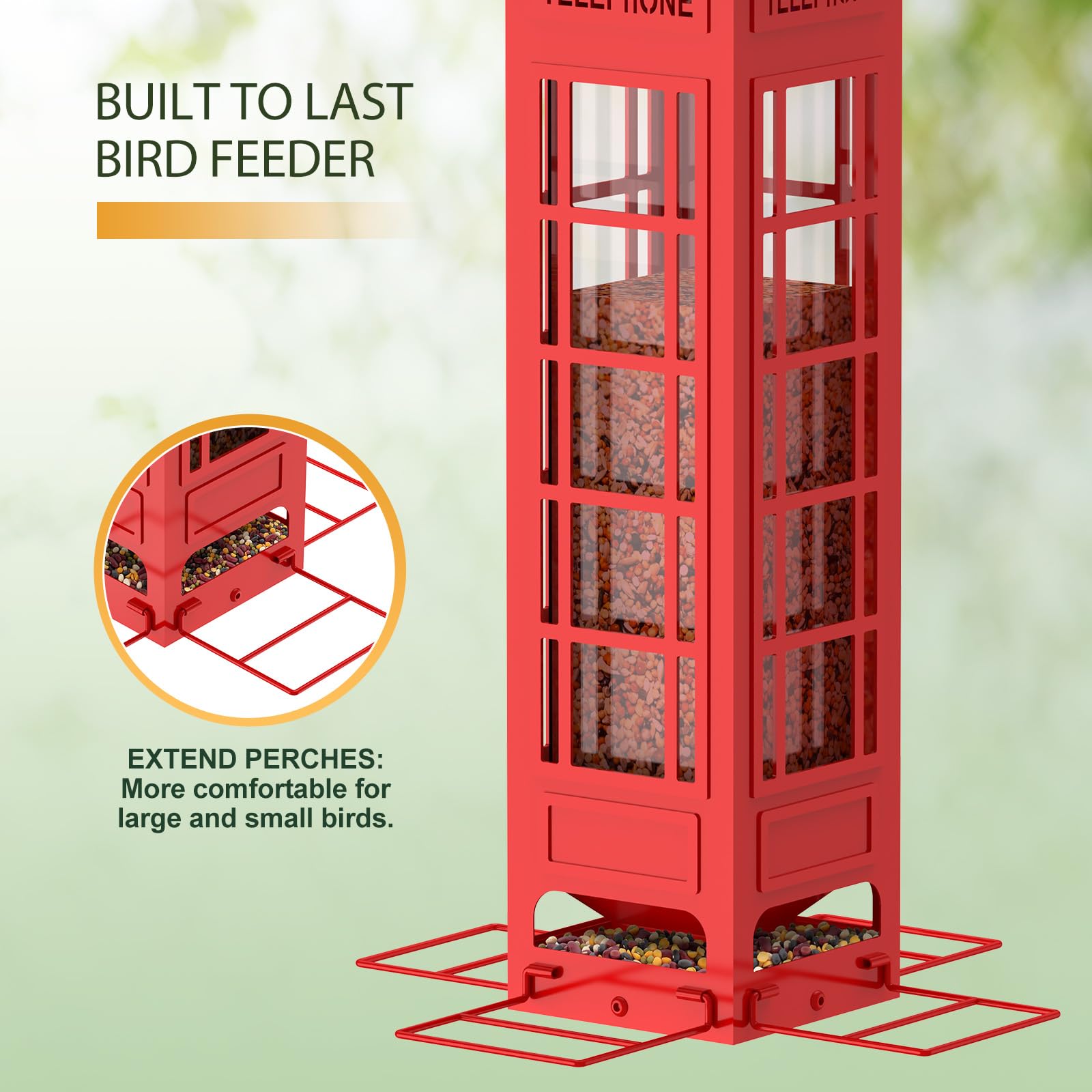 OMEUTY red metal-mesh feeder built to endure outdoor conditions and deter squirrels.