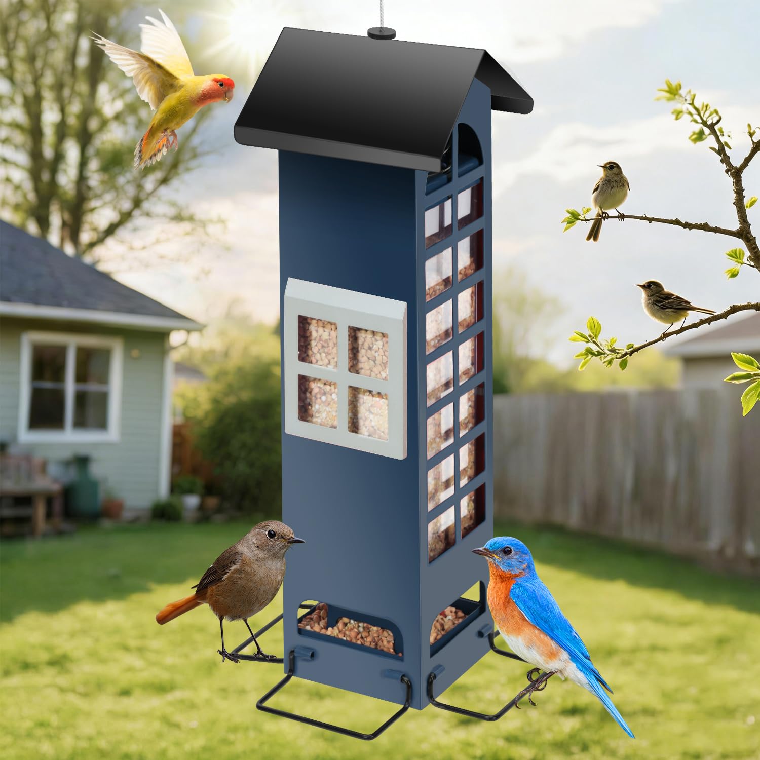 OMEUTY Squirrel-Proof Feeder with gravity locking keeps seeds safe.