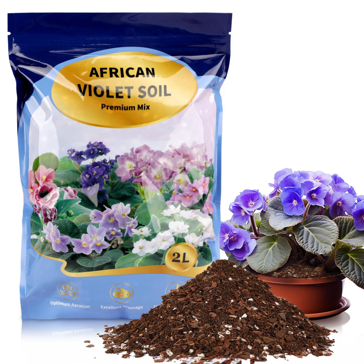 Omitgoter African Violet potting soil 2qt bag ready for vibrant blooms.