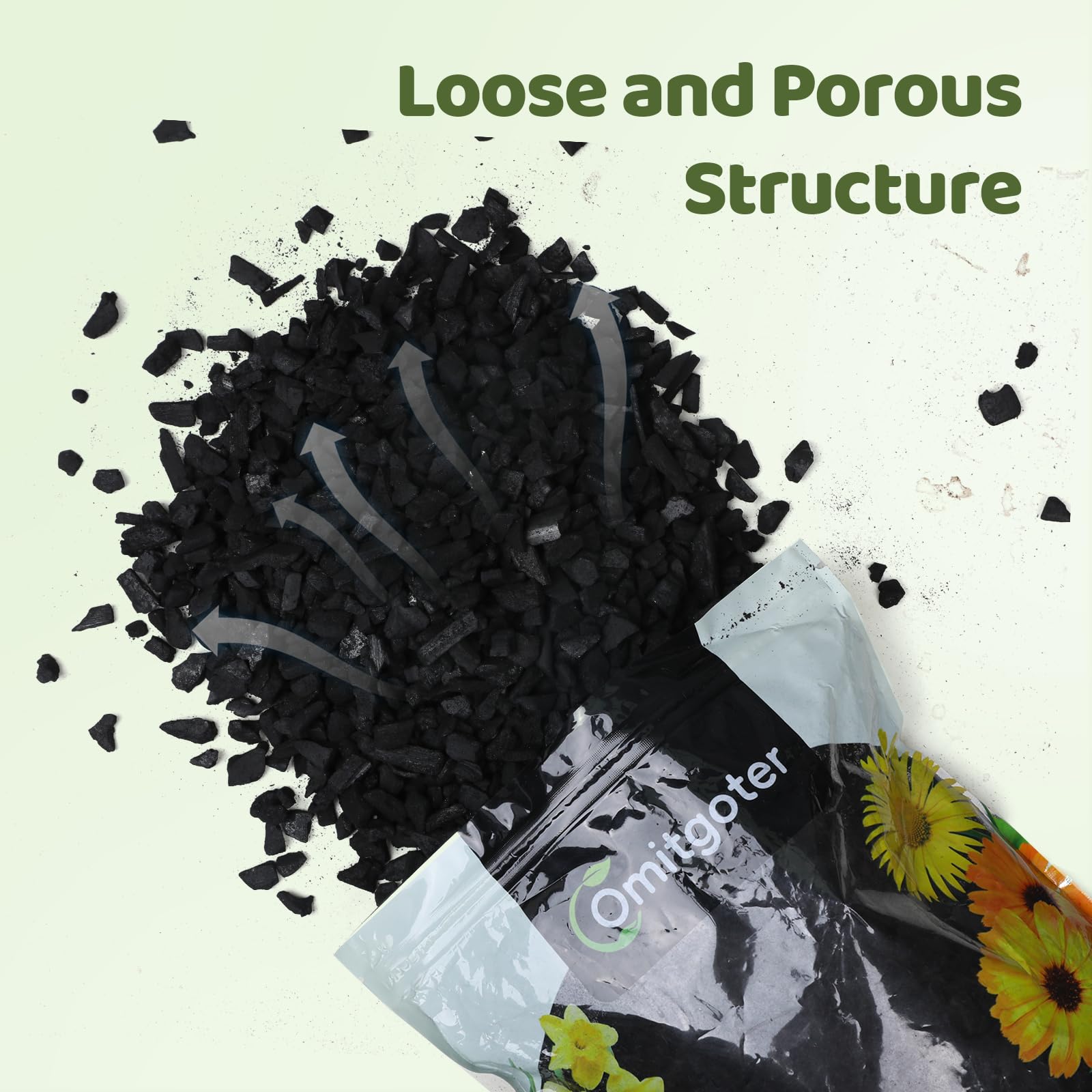 Omitgoter Horticultural Charcoal aerated-soil boosts root growth in potted plants.