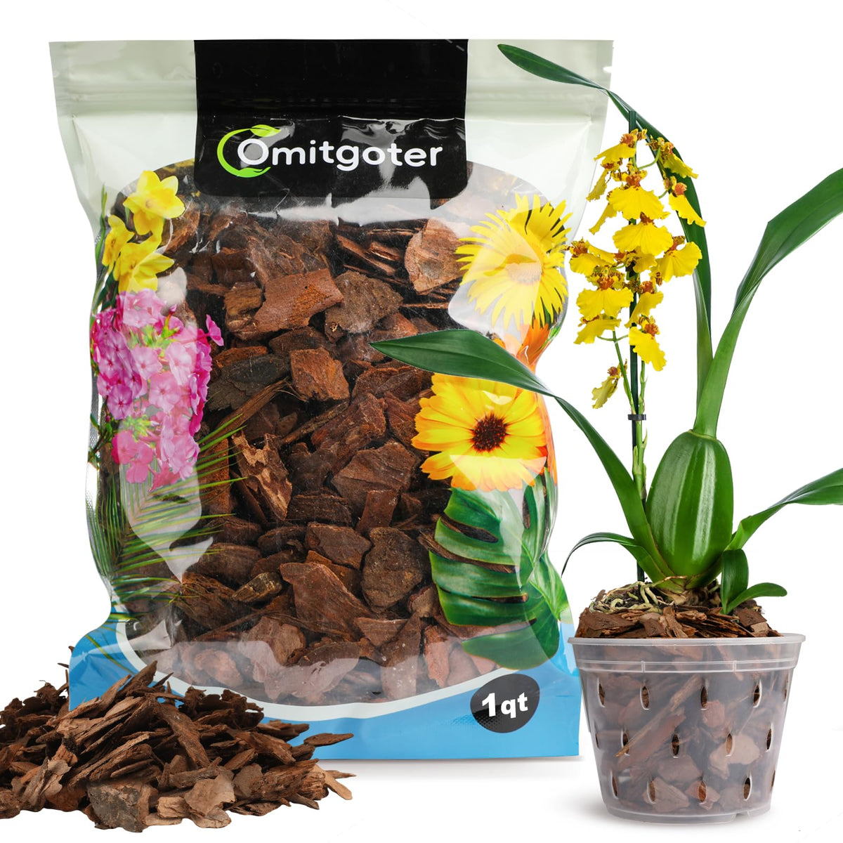 Omitgoter Orchid Bark 1qt front view, natural mulch for soil insulation.