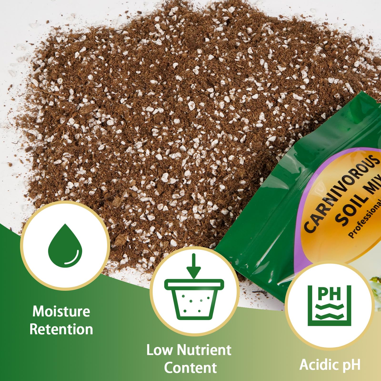 Omitgoter pitcher plant soil closeup emphasizes pH-optimized growing medium.