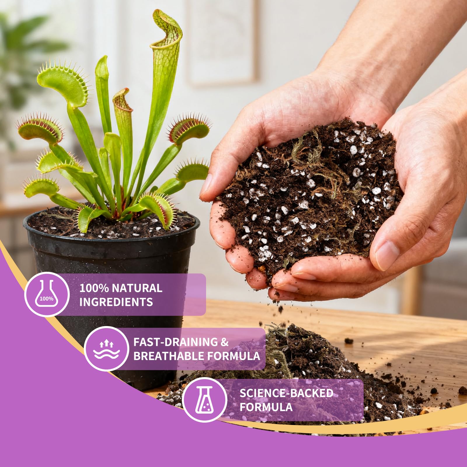 Omitgoter carnivorous soil texture highlights aeration and root health benefits.