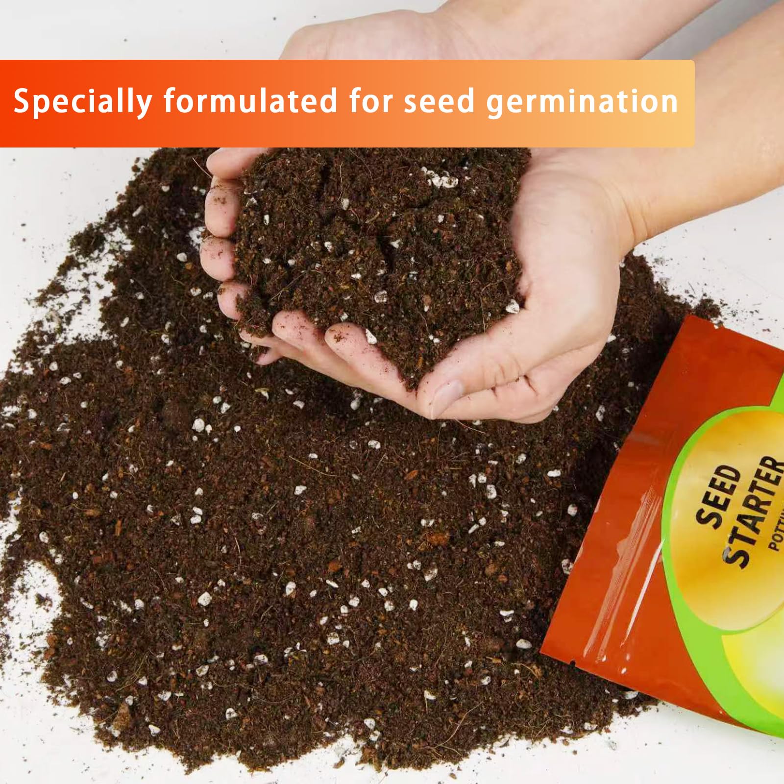 The close-up texture of Omitgoter seed-starting soil reveals airy mix supporting root development.