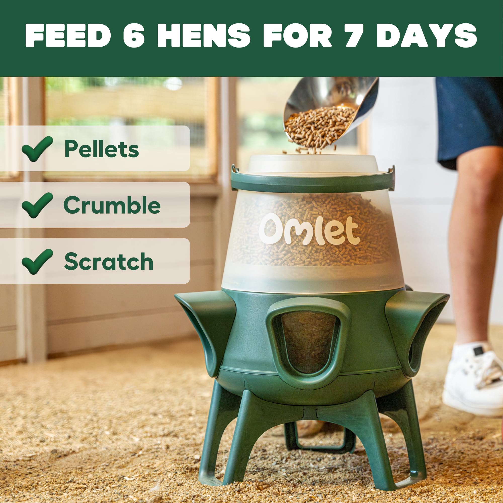 Omlet No Waste Feeder port height adjustment illustrates accessibility for smallest hen.