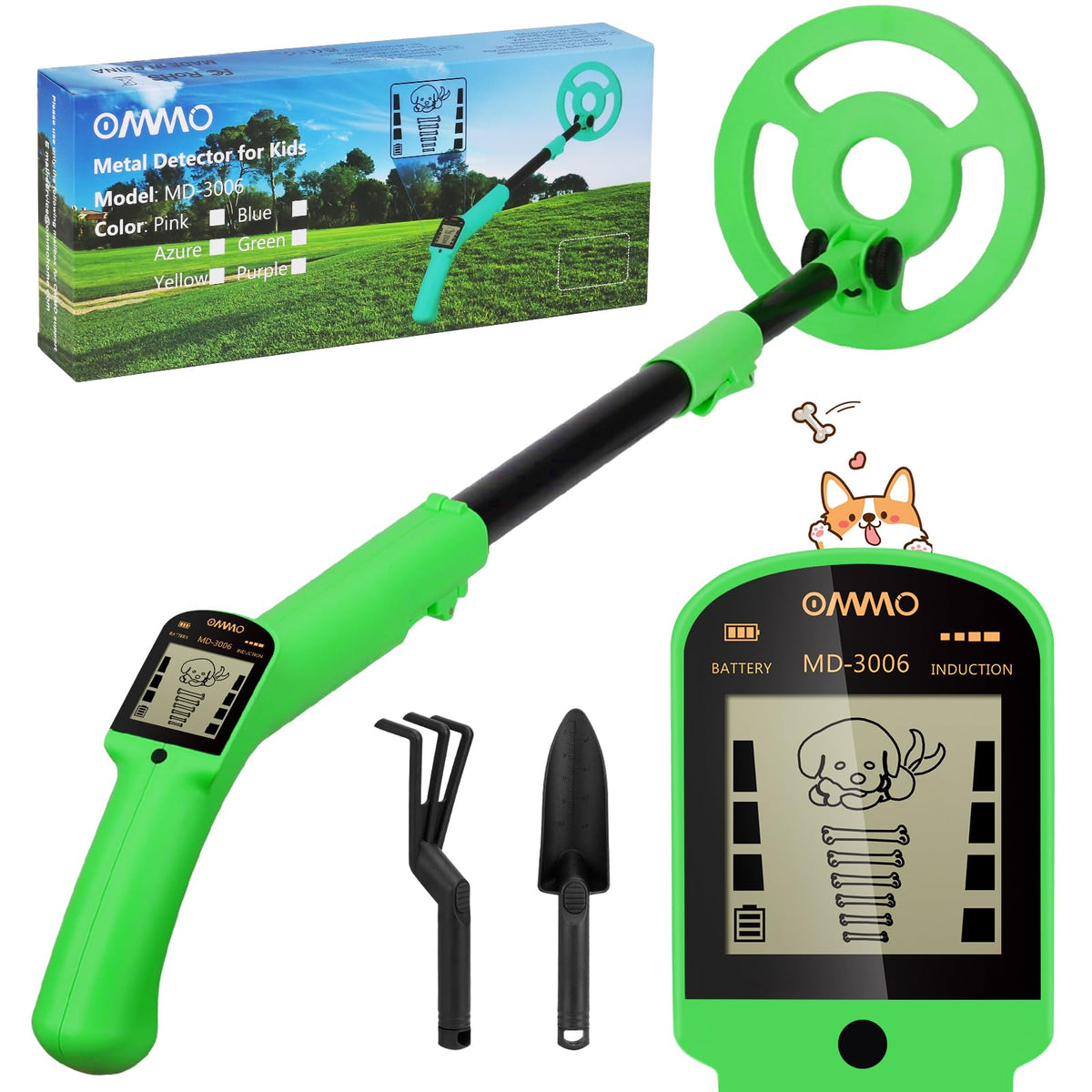 OMMO kids metal detector with adjustable stem for different heights.