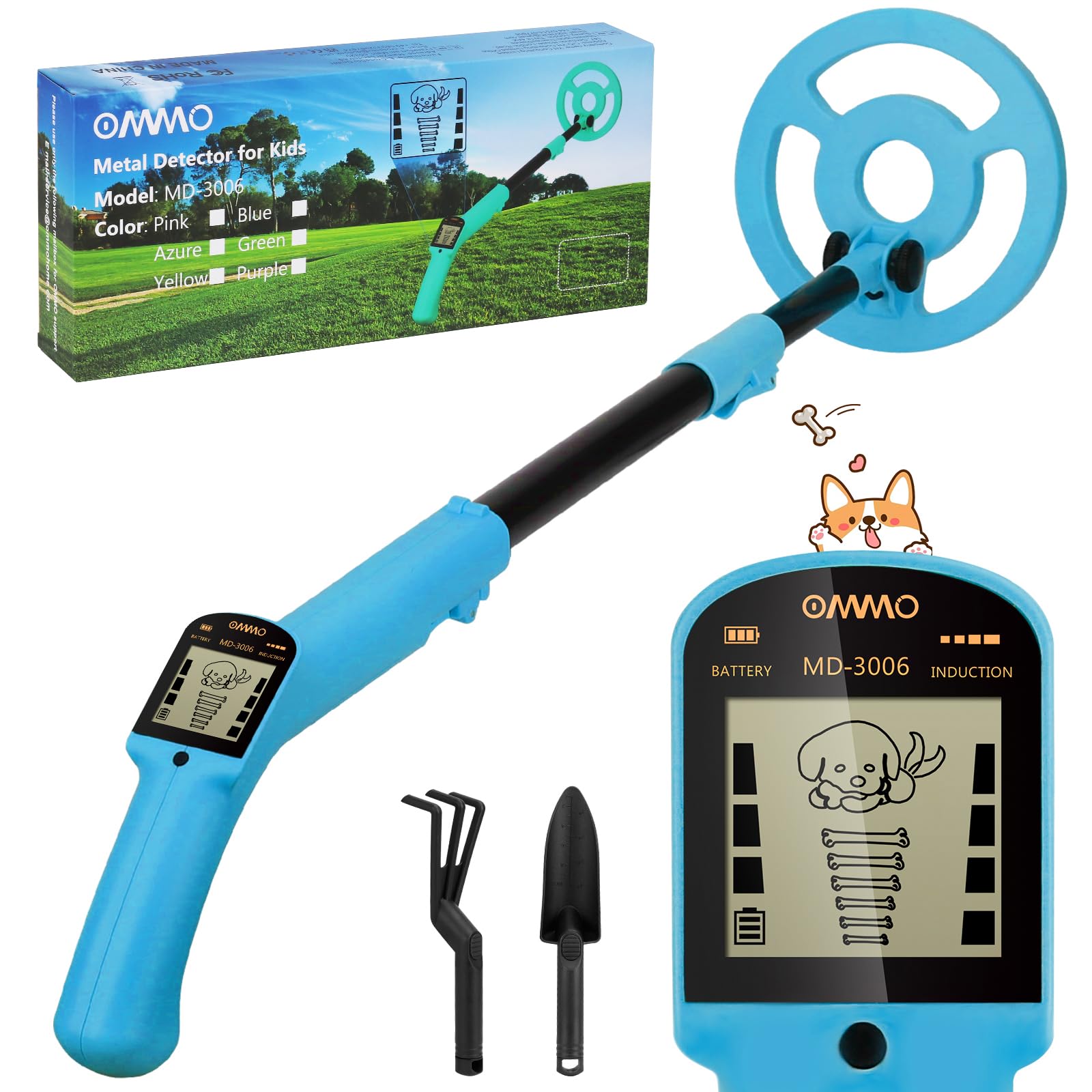 OMMO Kids Metal Detector with animated puppy LCD display for engaging treasure hunts