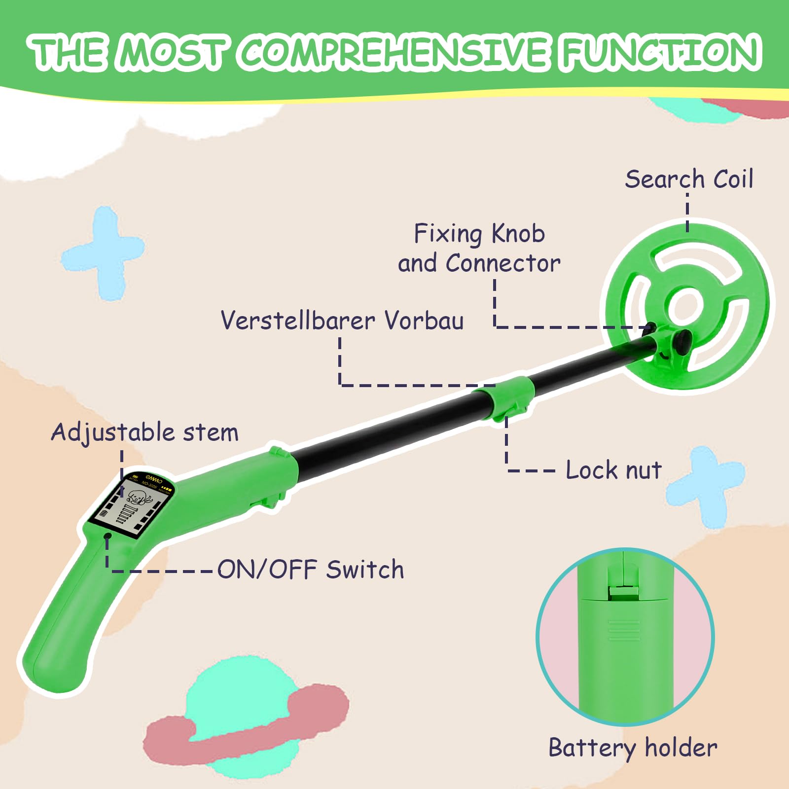 OMMO included accessories: 9V battery, shovel, and rake.