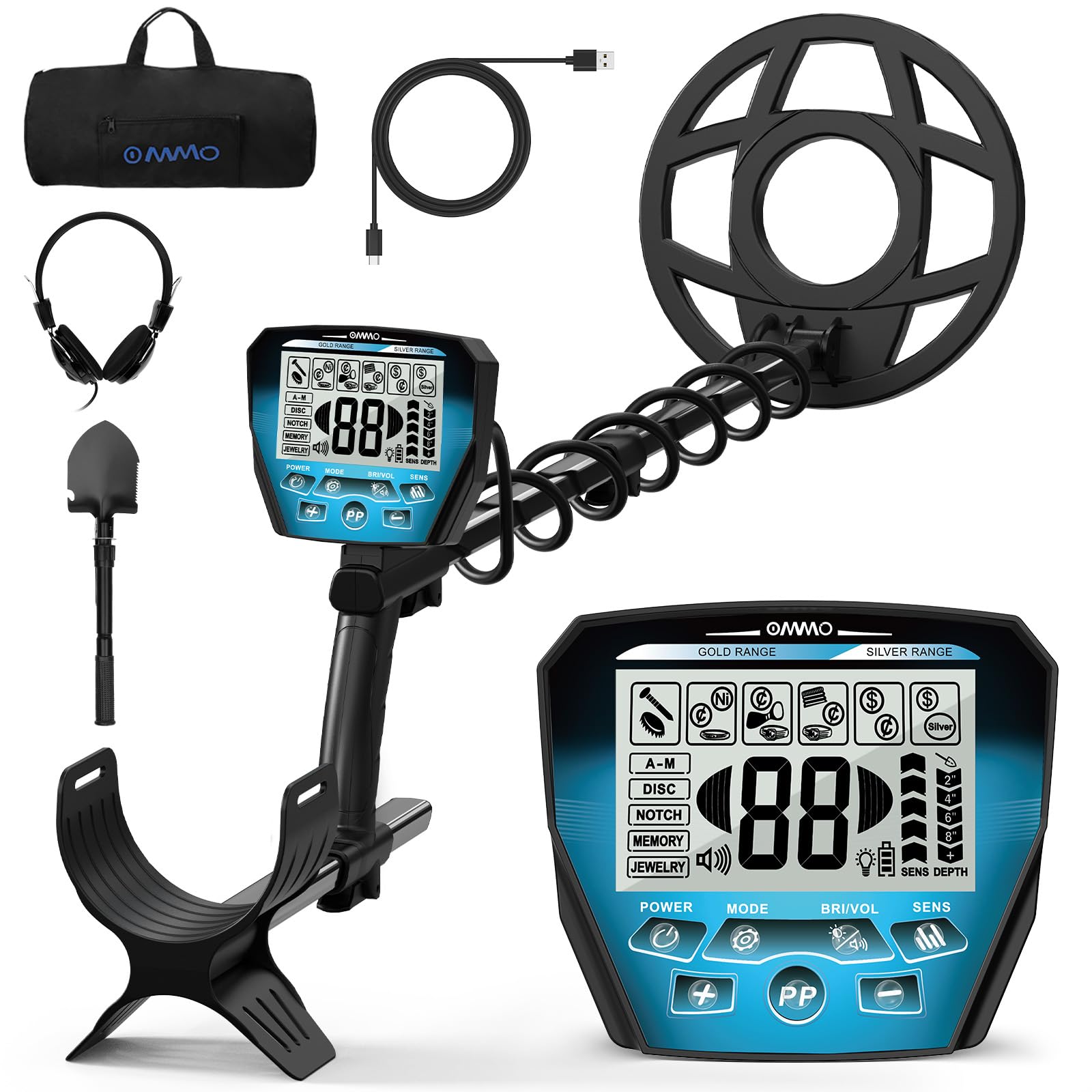 OMMO metal detector with 6 modes and a screen for versatile treasure hunting