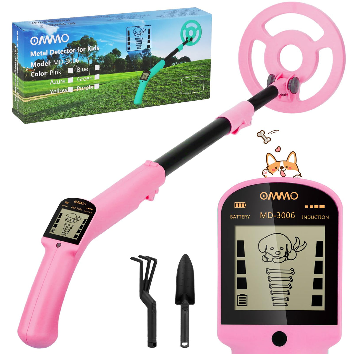 OMMO kid metal detector with animated LCD display for engaging treasure hunts