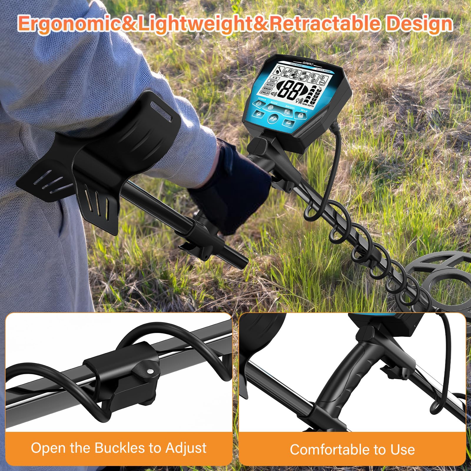 OMMO large backlit LCD displays mode, depth, and battery status clearly
