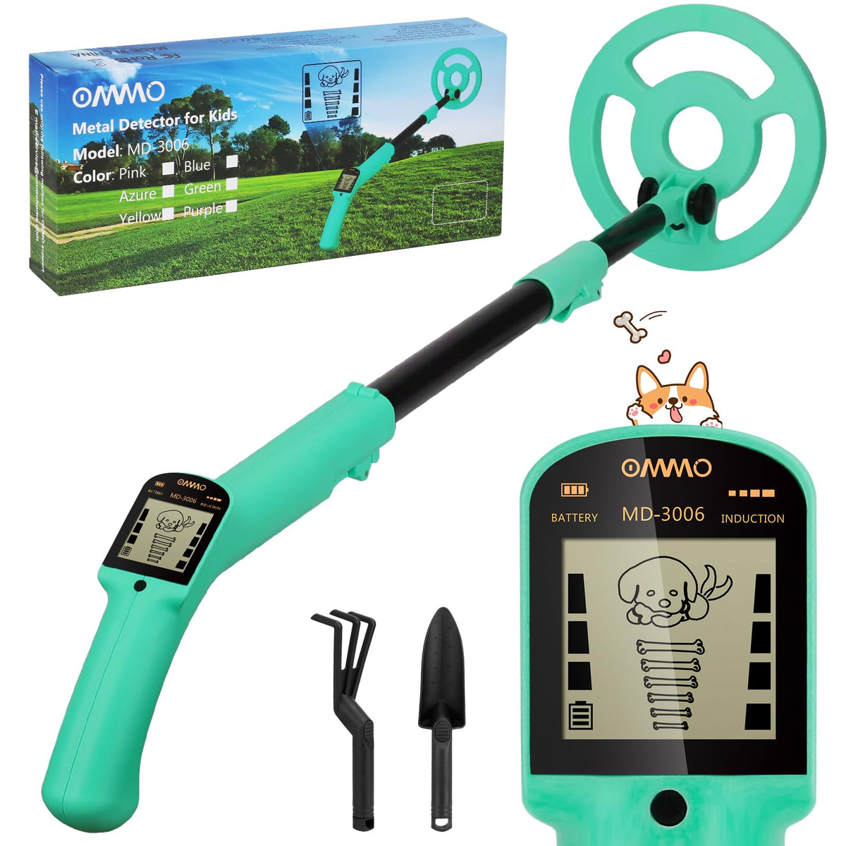 OMMO kids metal detector with animated puppy LCD display guiding easy treasure hunts