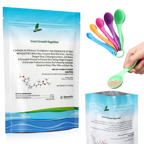 OmniPrene mosquito pouches dissolving in water to curb larvae safely for aquatic life.