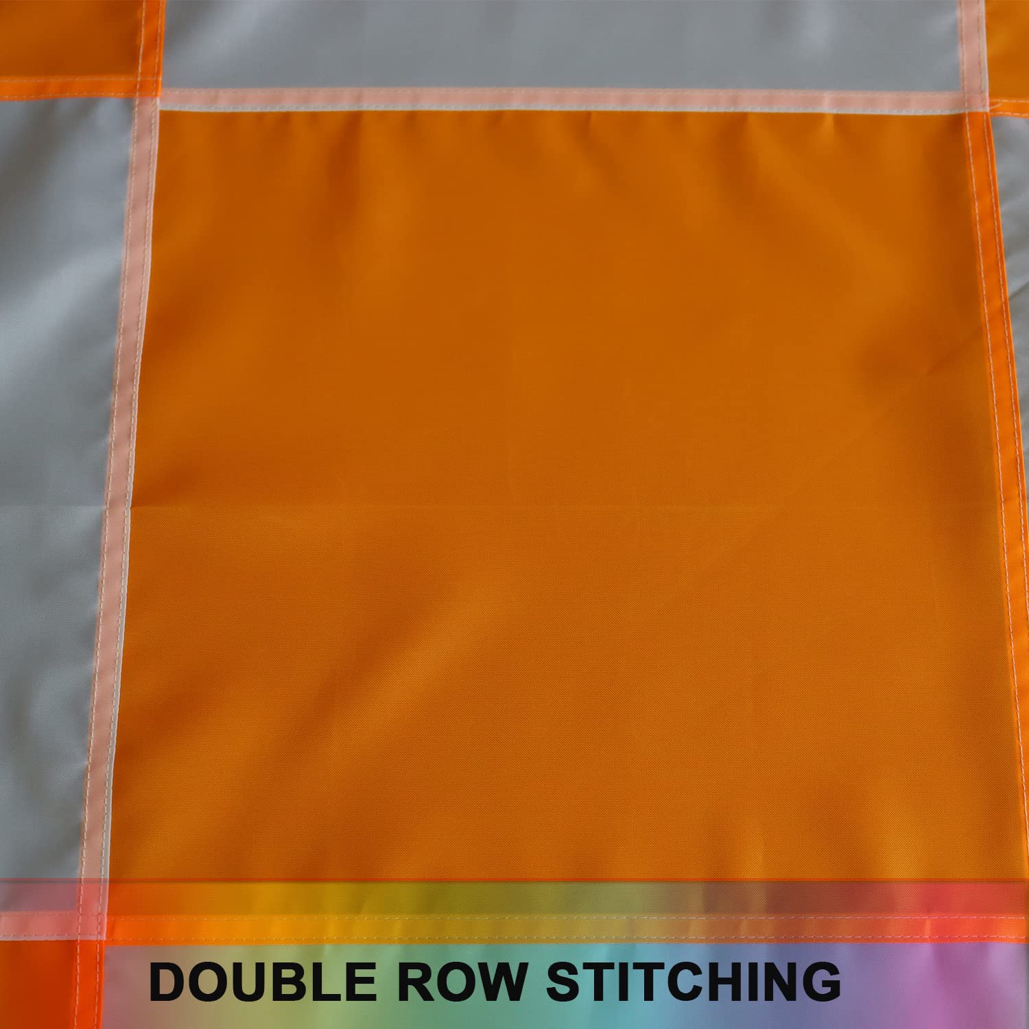 Omnisexual flag edge reinforcement close-up shows double stitching for wear resistance