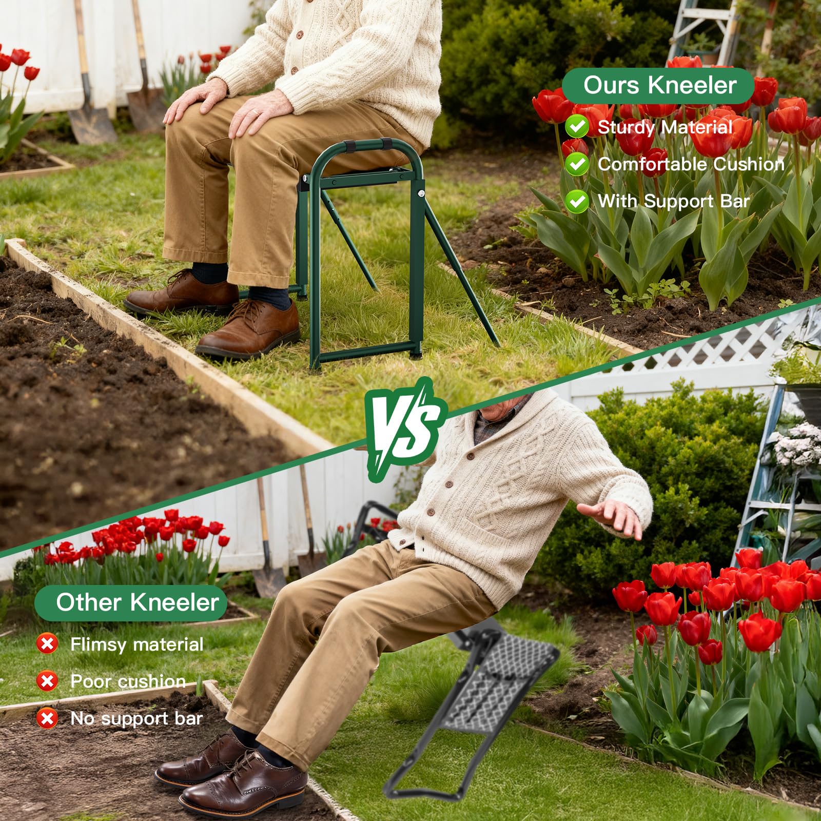 Onadak folding kneeler-seat converts to a comfortable outdoor chair for breaks.