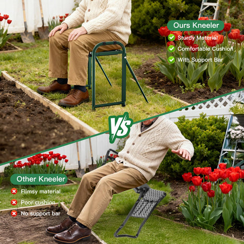 Onadak folding kneeler-seat converts to a comfortable outdoor chair for breaks.