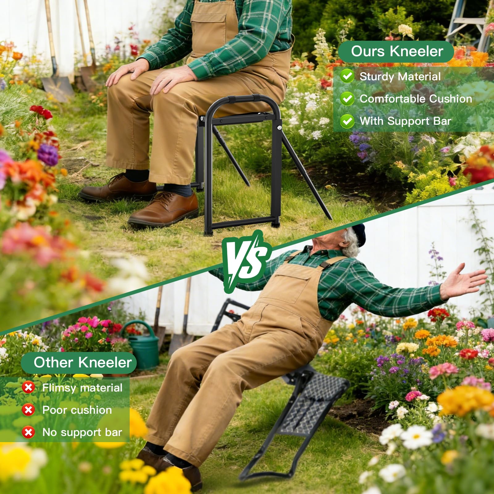 Onadak kneeler converted into a seat for back relief during gardening