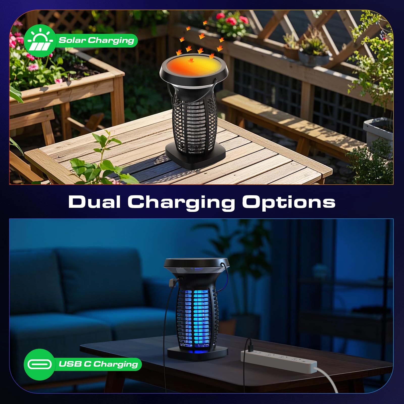 OnBeam solar bug zapper 360° design for wide-area attraction at night.