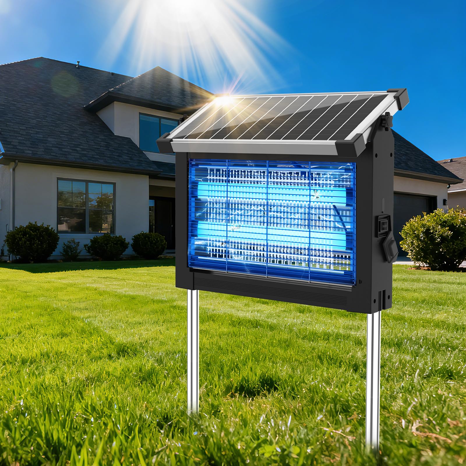 OnBeam Solar Bug Zapper front view with dual LEDs for outdoor pest protection