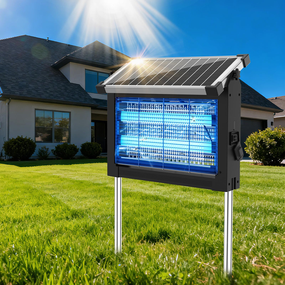 OnBeam Solar Bug Zapper front view with dual LEDs for outdoor pest protection