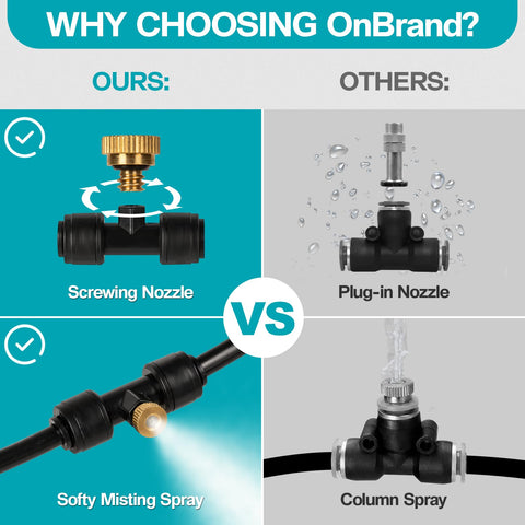 OnBrand brass misting nozzles delivering steady mist for cooling