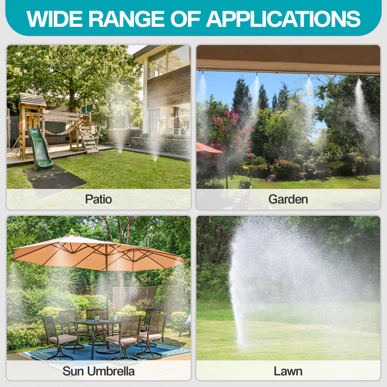 OnBrand misting system shown in patios and backyards for outdoor use