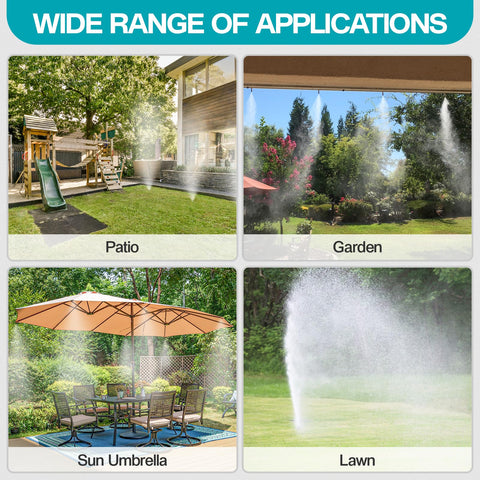 OnBrand misting system shown in patios and backyards for outdoor use