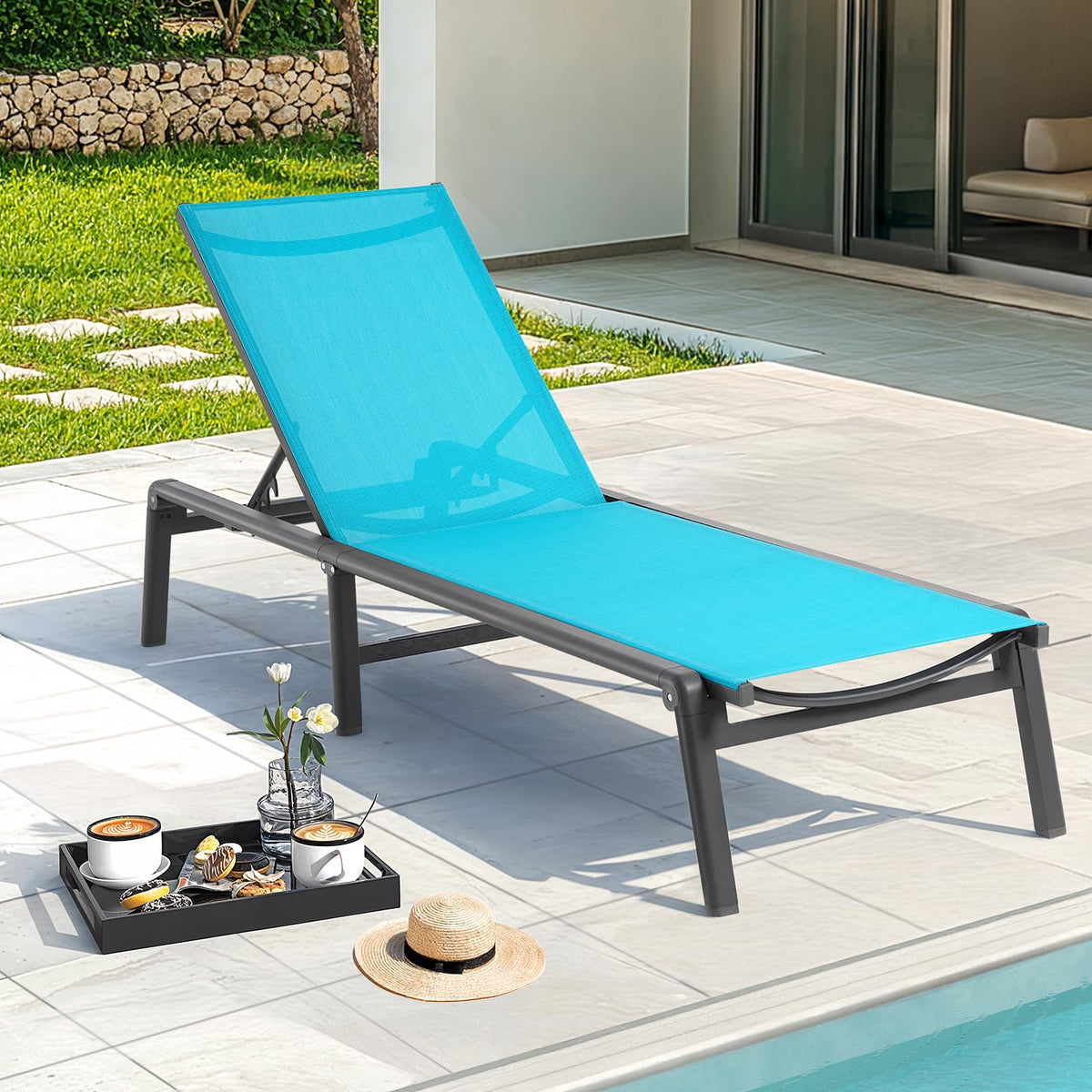 ONBRILL aluminum chaise lounge folded for easy storage beside compact patios