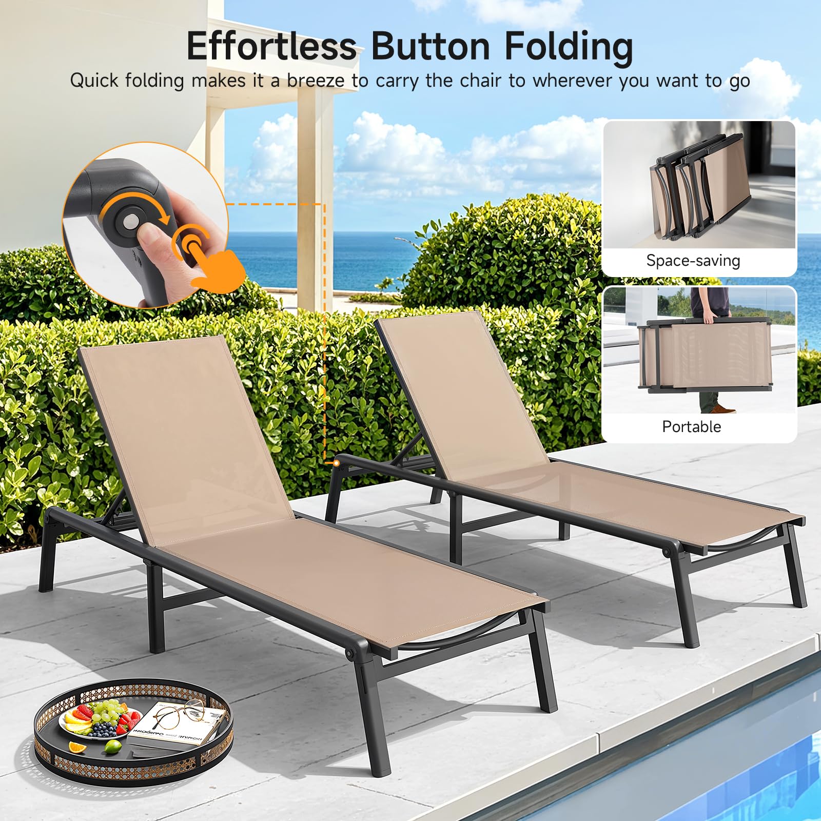 ONBRILL aluminum chaise lounge side view showing profile and stability