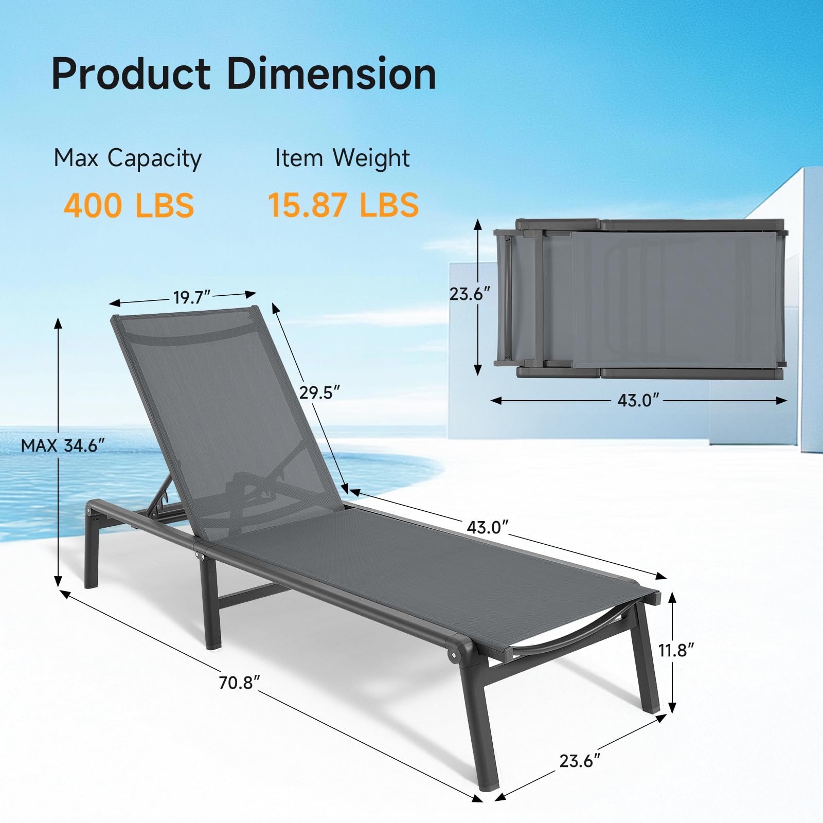 ONBRILL chaise lounge backrest 5-position for customizable comfort