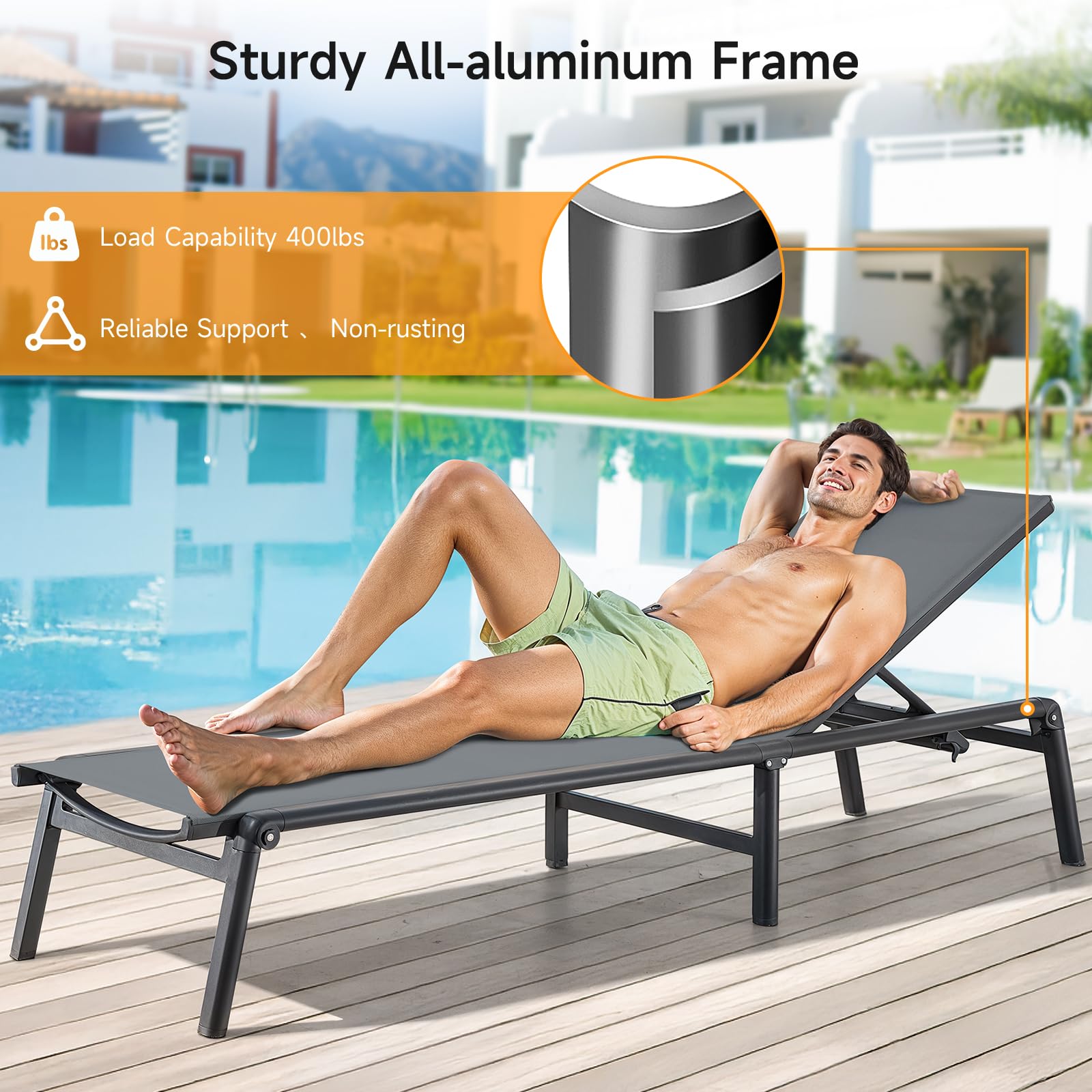 ONBRILL poolside grey chaise lounge ideal for sunbathing and relaxation