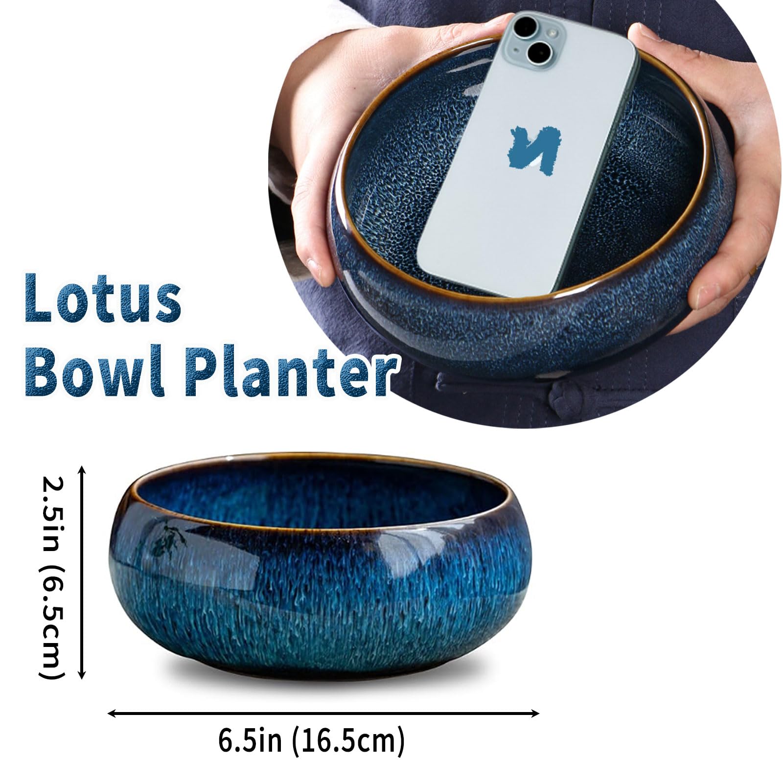 Close-up of the blue glaze and shallow design for hydroponic arrangements.
