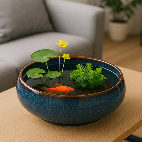 Oncpcare blue glazed lotus bowl with succulents in a tabletop display.