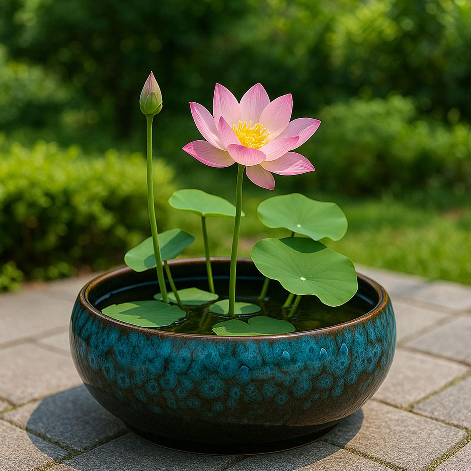 Outdoor patio setup featuring the lotus bowl planter as a water garden accent.