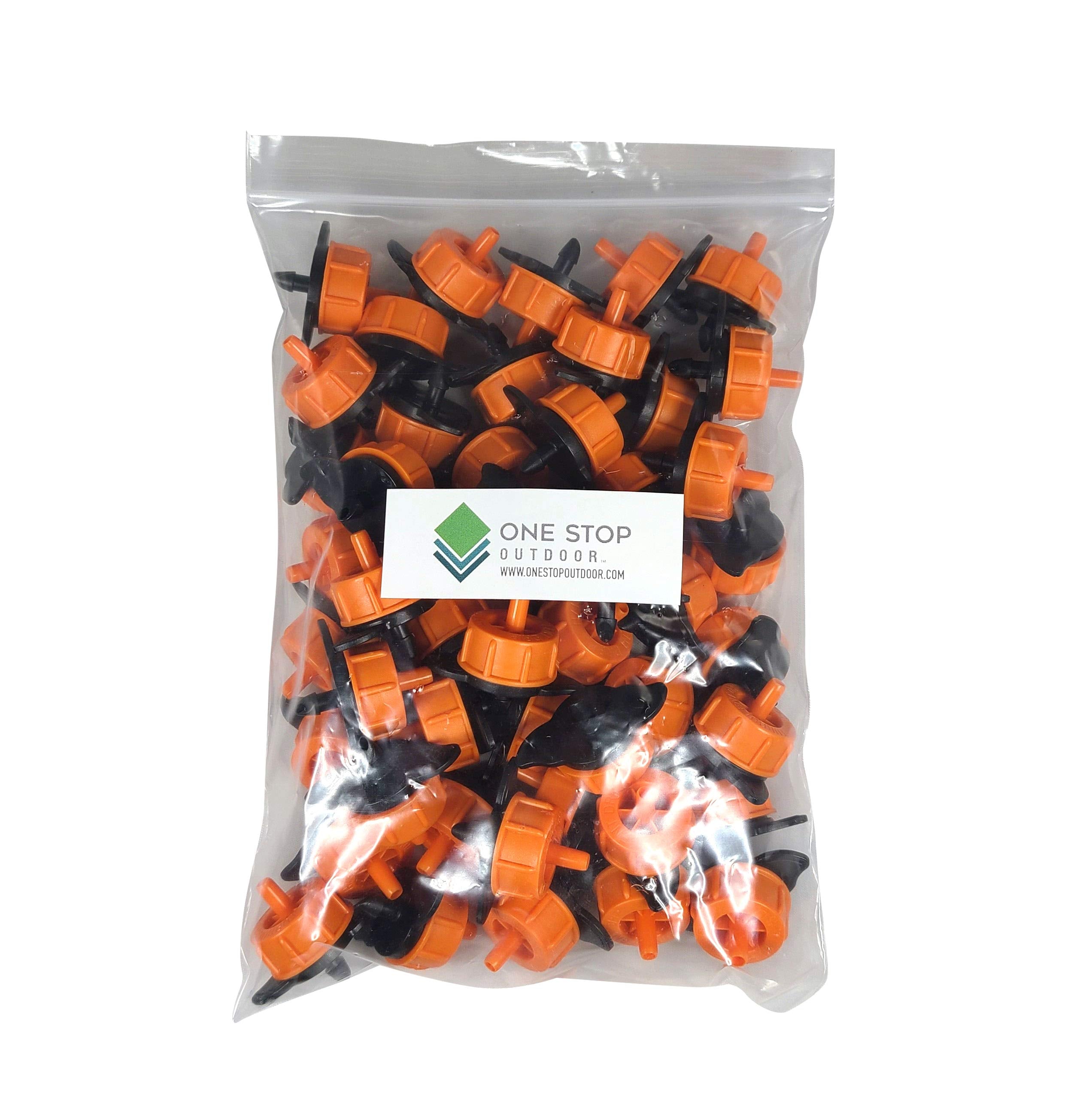 One Stop Outdoor orange drip emitter 50-pack ready for efficient watering setups.