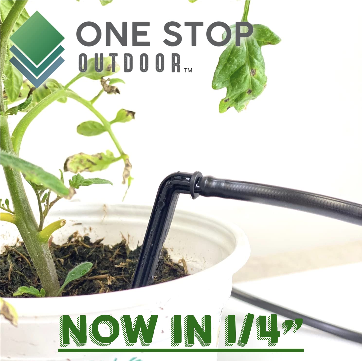 One Stop Outdoor drip stake compatible with 1/8 to 1/4 inch tubing for irrigation.