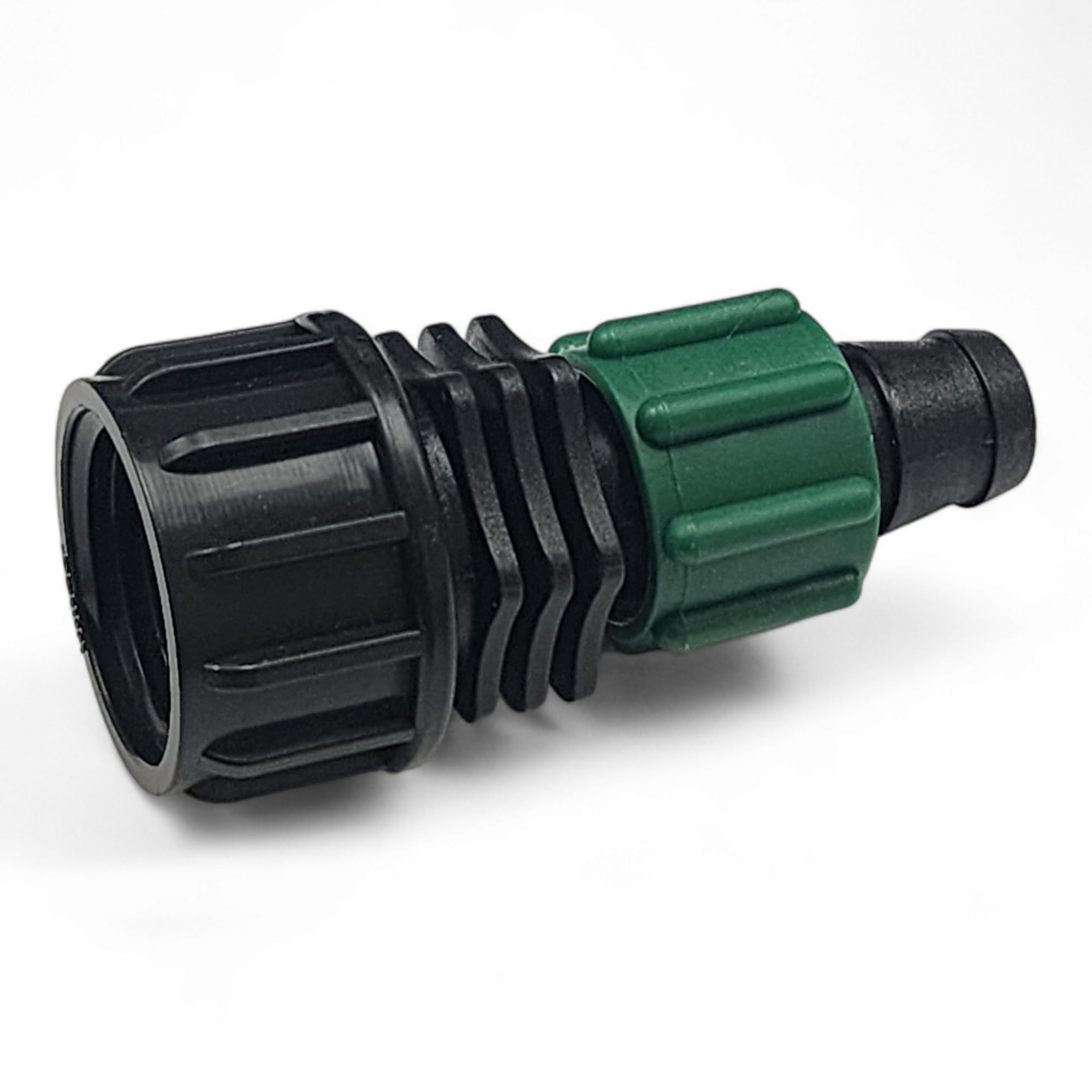 One Stop Outdoor drip-tape connector 5-pack showing secure leak-proof hose swivel for irrigation layout