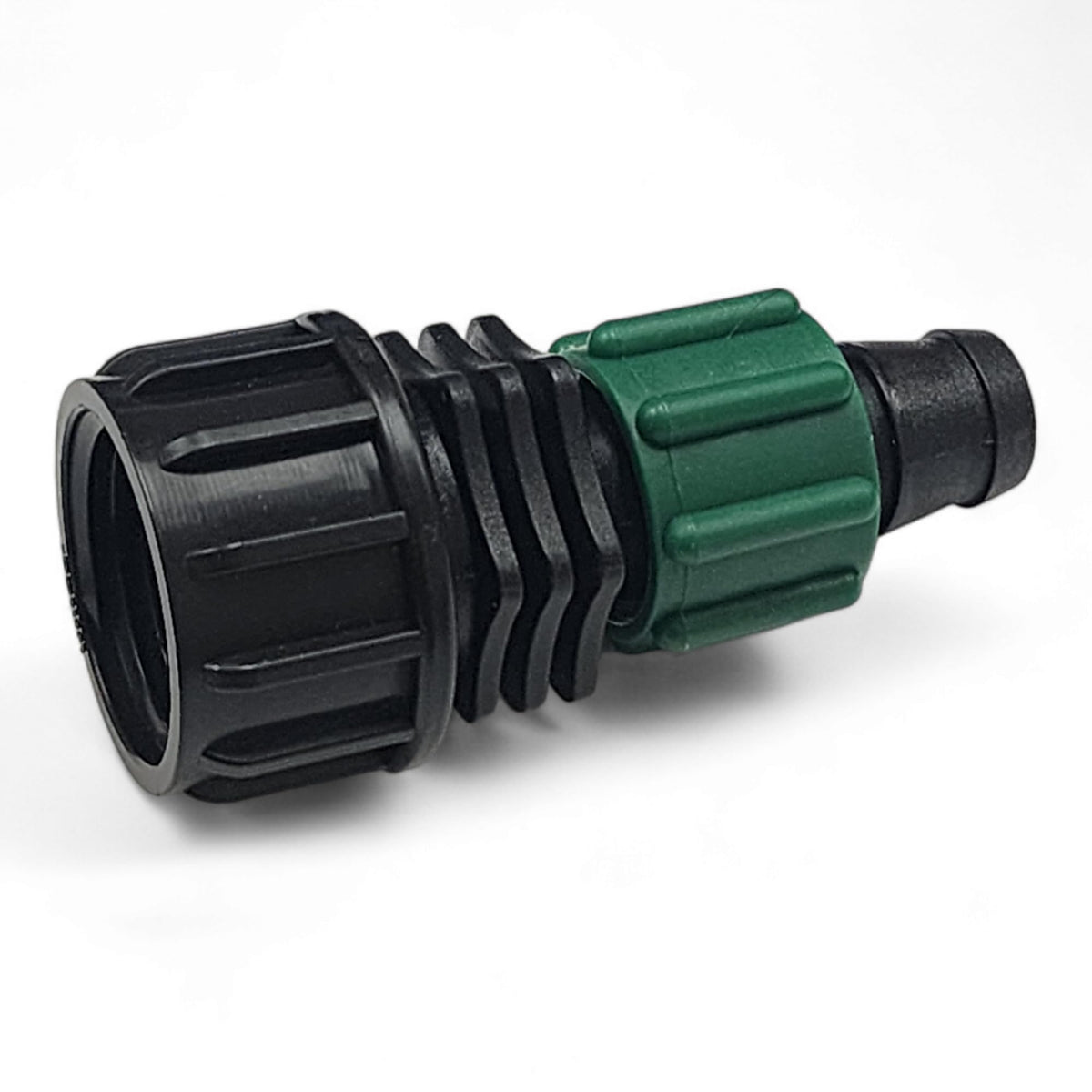 One Stop Outdoor drip-tape connector 5-pack showing secure leak-proof hose swivel for irrigation layout