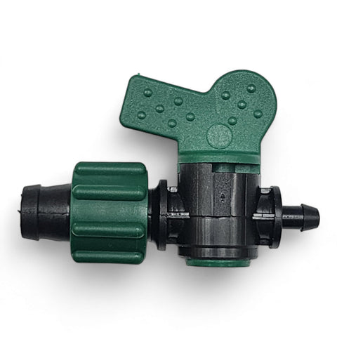 One Stop Outdoor drip tape fitting with built-in shut-off valve for zone control.
