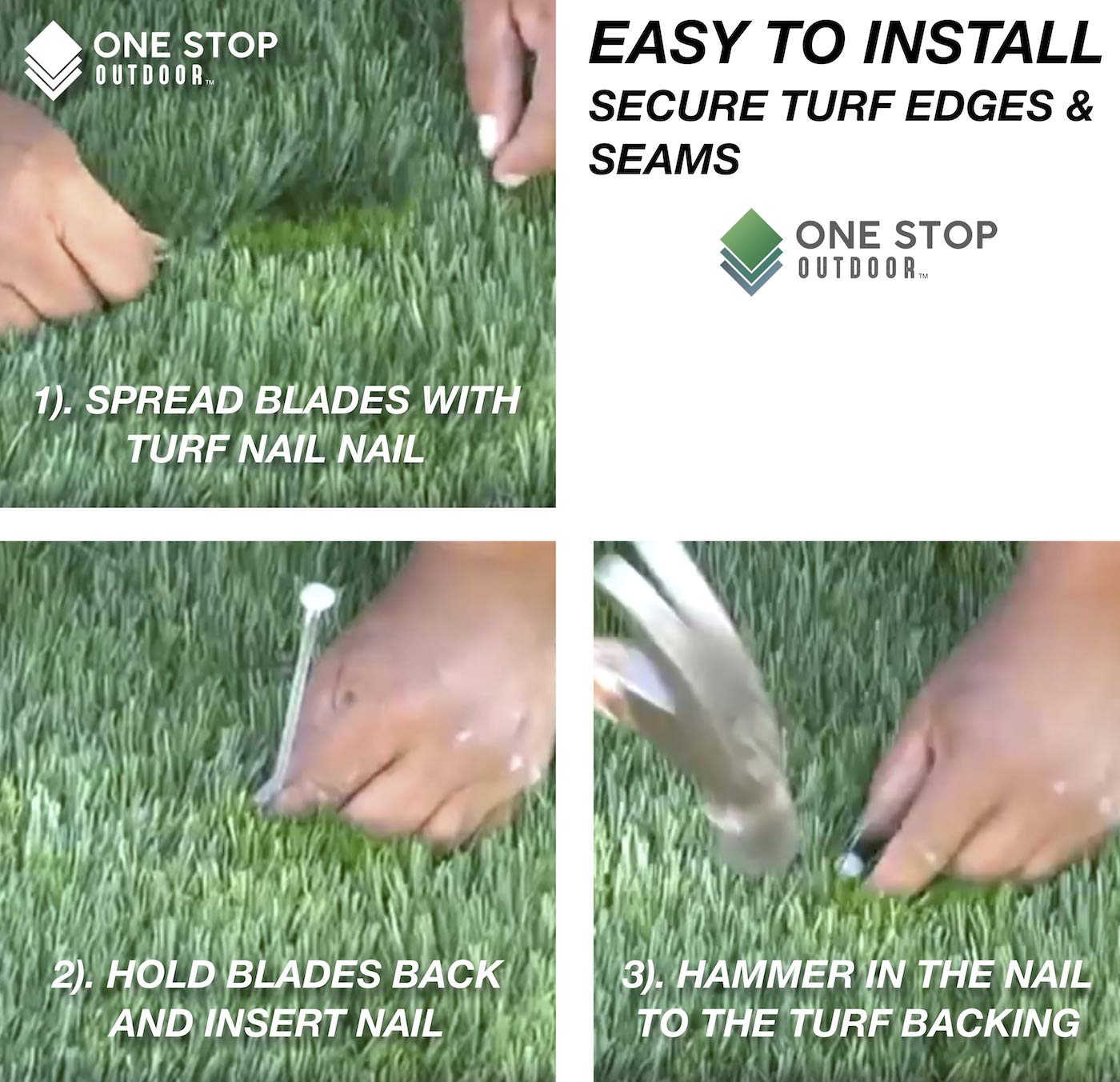 One Stop Outdoor perimeter nails keep turf flat along edges