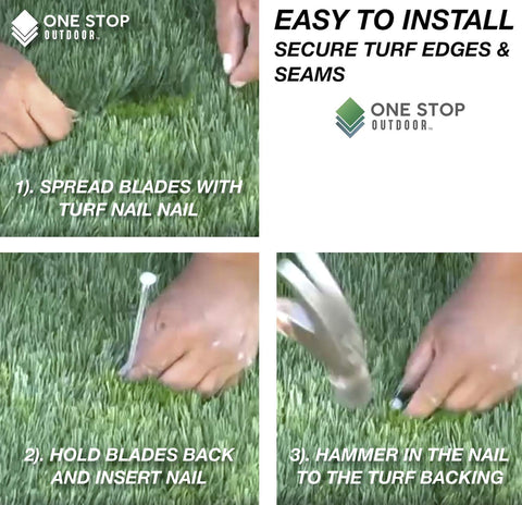 One Stop Outdoor perimeter nails keep turf flat along edges