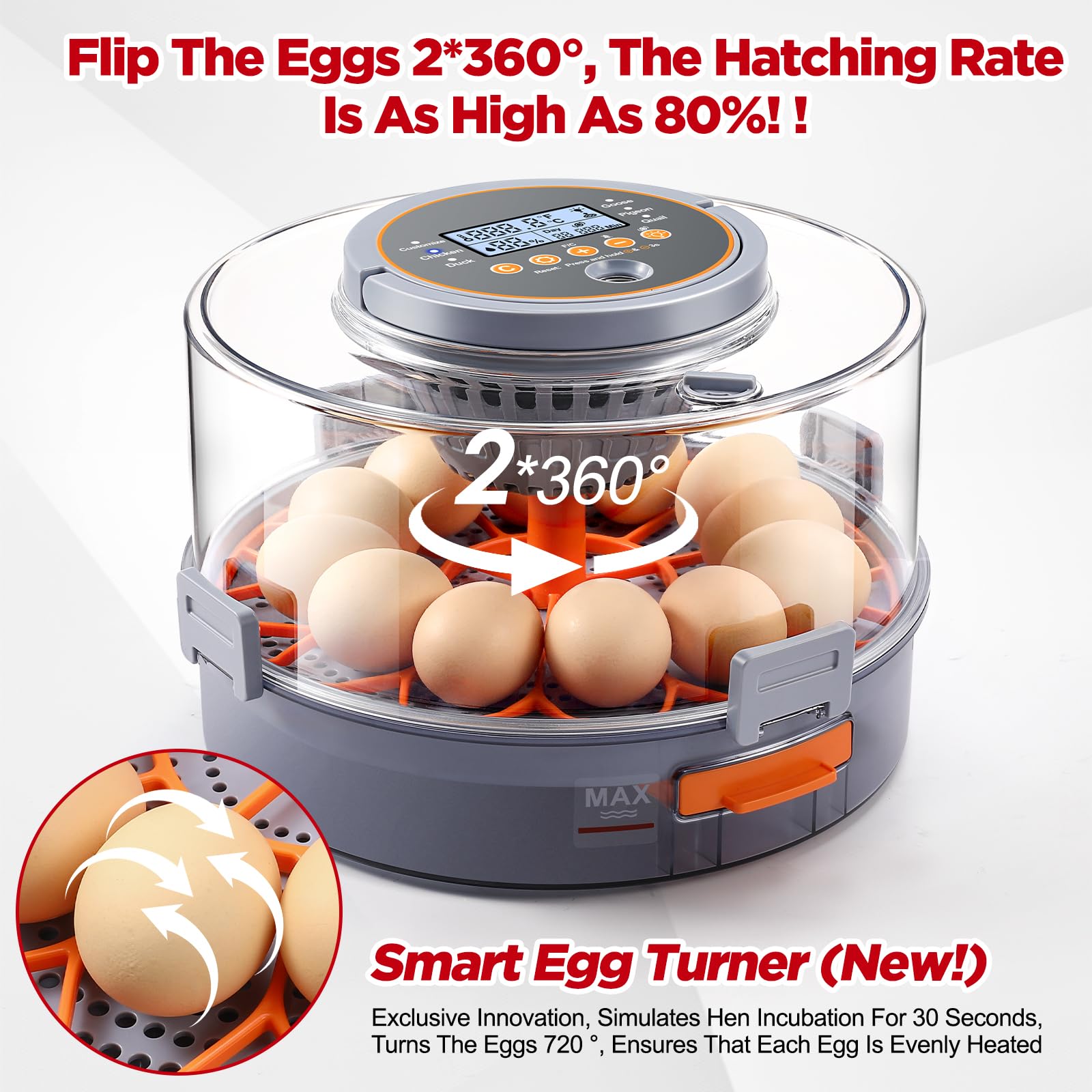 Egg turning mechanism on the OneAmg incubator demonstrates automatic rotation.