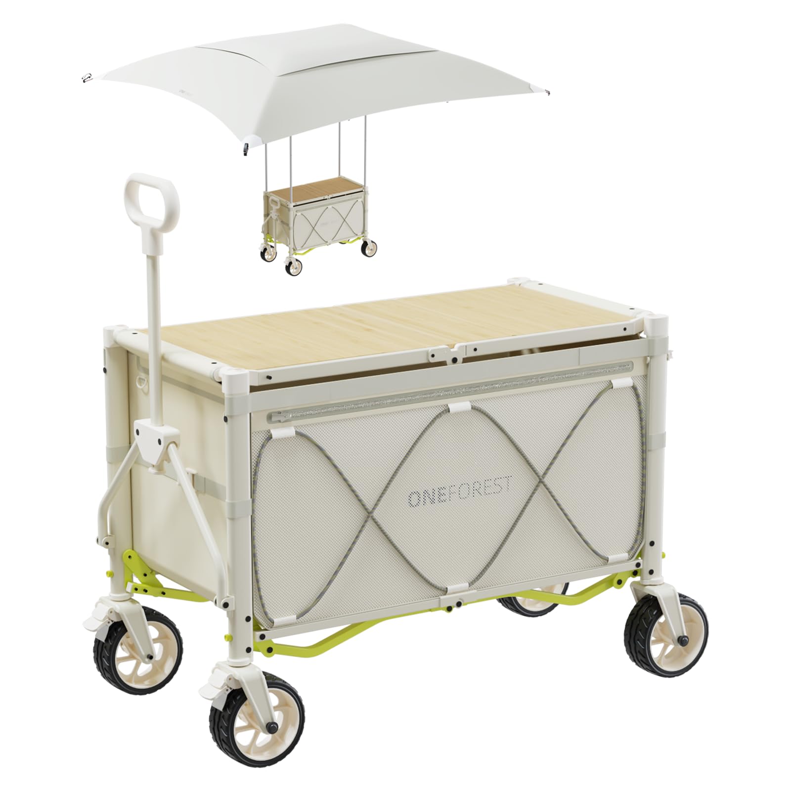 ONEFOREST collapsible wagon with beige canopy, easy transport for outdoor trips.