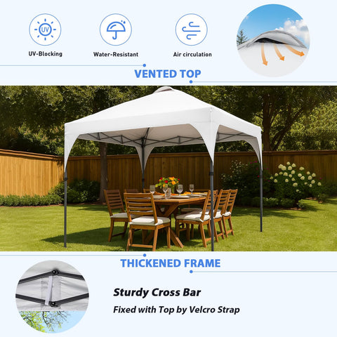 Oneofics pop-up canopy height adjustment shows pinch-free setup.
