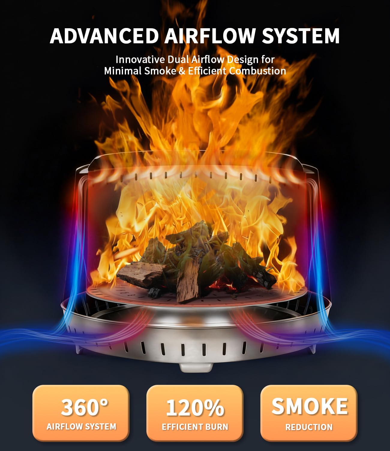 OneSetNuf smokeless fire pit with detachable ash pan for quick cleanup.