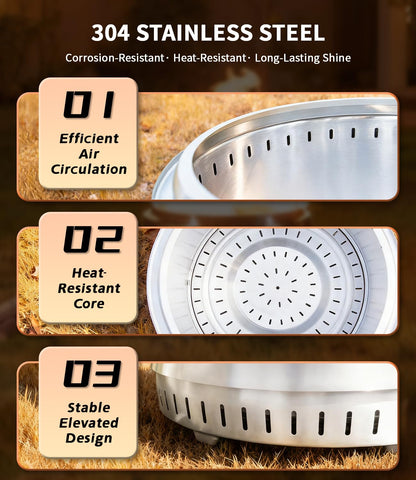 OneSetNuf smokeless fire pit dual airflow vents improve heat efficiency.