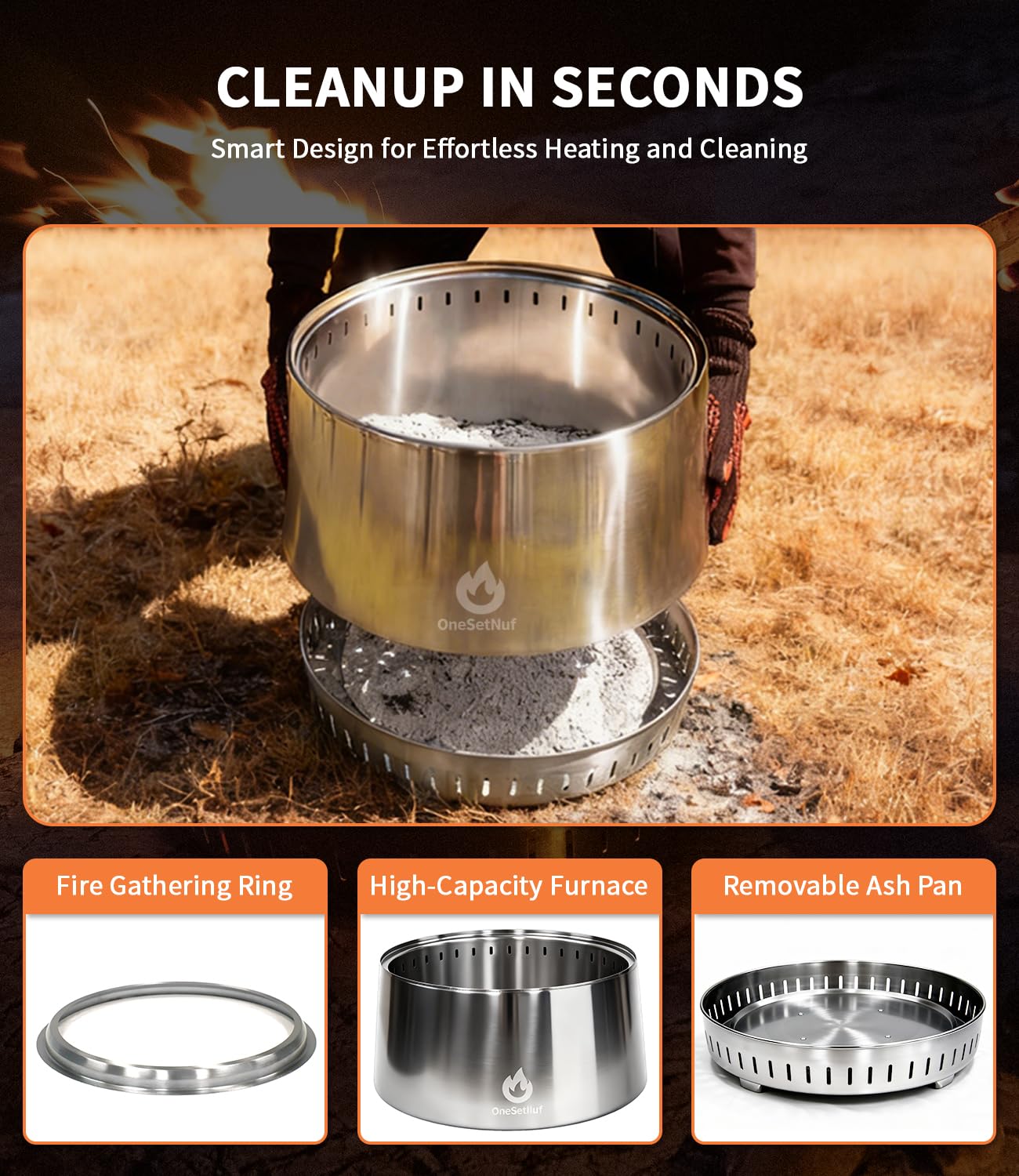 OneSetNuf smokeless fire pit supports wood, pellets, and charcoal.