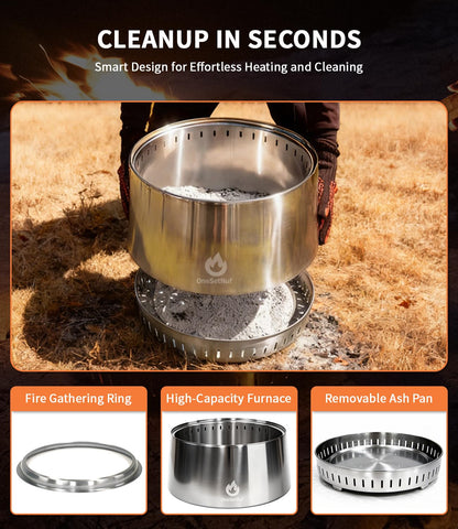 OneSetNuf smokeless fire pit supports wood, pellets, and charcoal.
