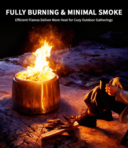 OneSetNuf smokeless fire pit stainless steel finish withstands seasons.