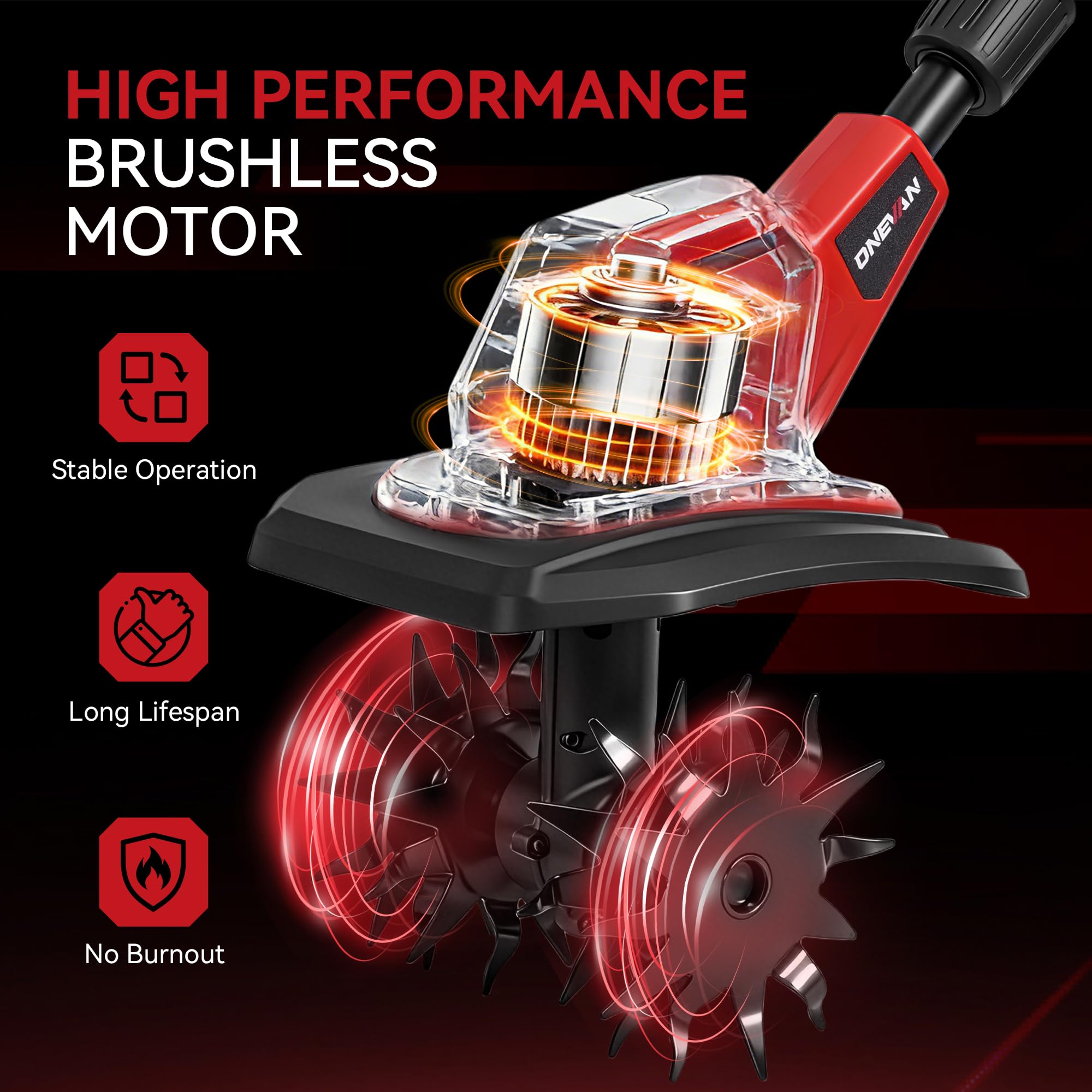 ONEVAN tiller features 48 steel blades for durable soil turning.